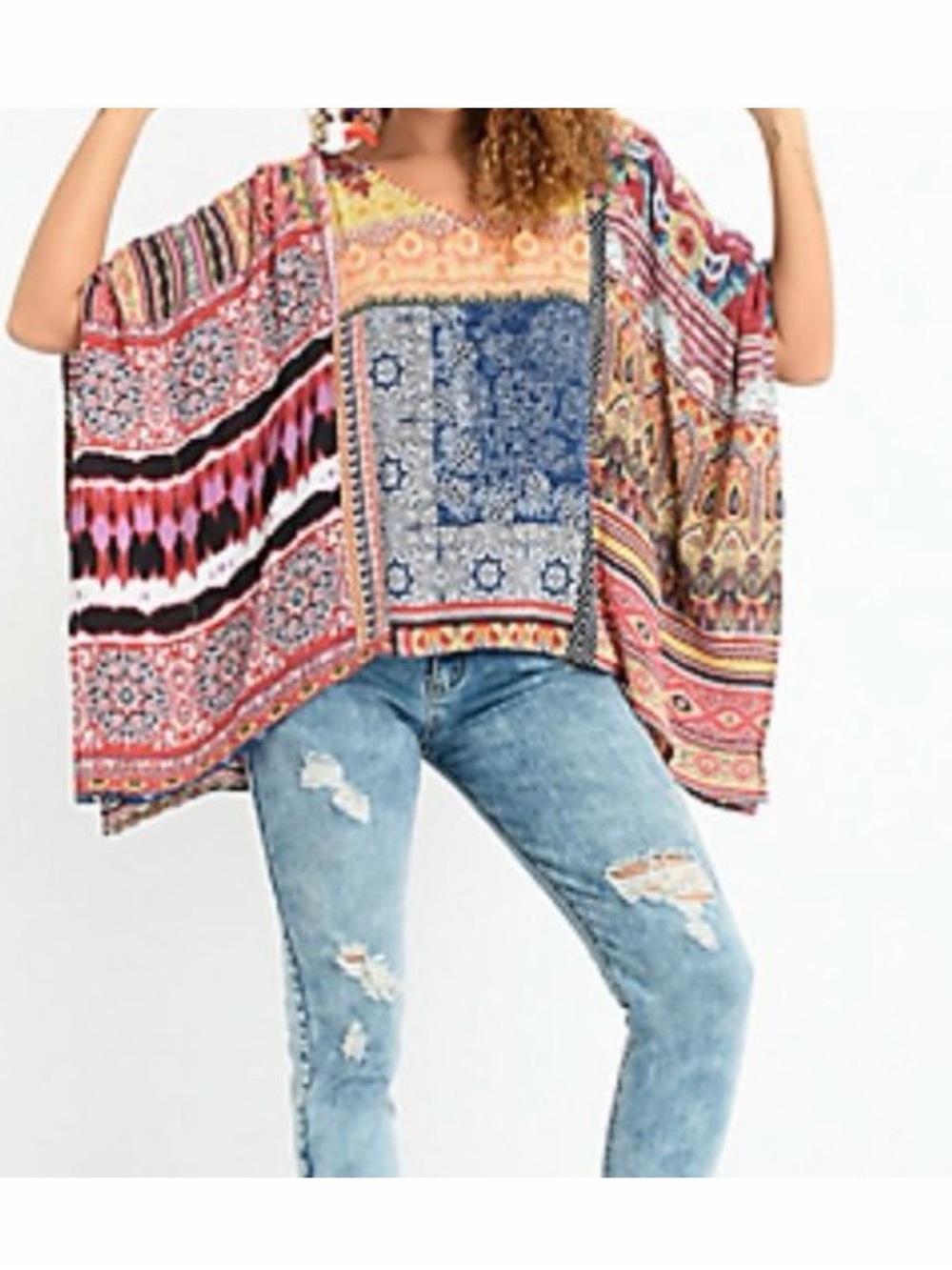 Desigual Liberia Boho Poncho Kimono Blouse in Patchwork Printed Veil Sz L